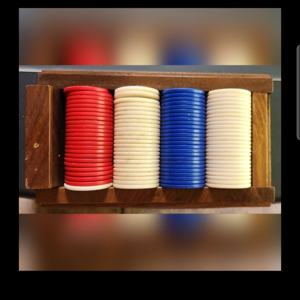 WM. Drueke & Sons, INC Poker Chips in Wooden Box - Used and in great condition!
